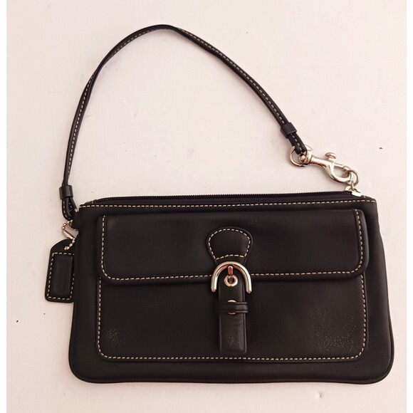 Coach Soho Blk Leather Wristlet Silver Buckle Front Pocket White Contrast Stitch - Picture 9 of 9
